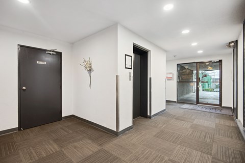 A hallway with a brown carpet and a black door on the left.
