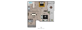 A floor plan of a one bedroom apartment with a living room, dining room, kitchen, bathroom, and closet.