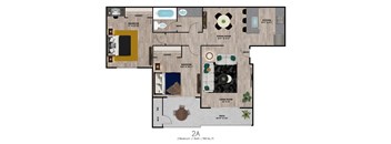 A floor plan of a 2 bedroom apartment with a living room, dining room, kitchen, bathroom and closet.
