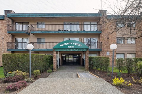 The entrance to the Regency Court apartment complex.