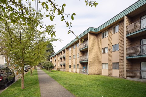 Apartment building with a green roof and a tree in front of it.