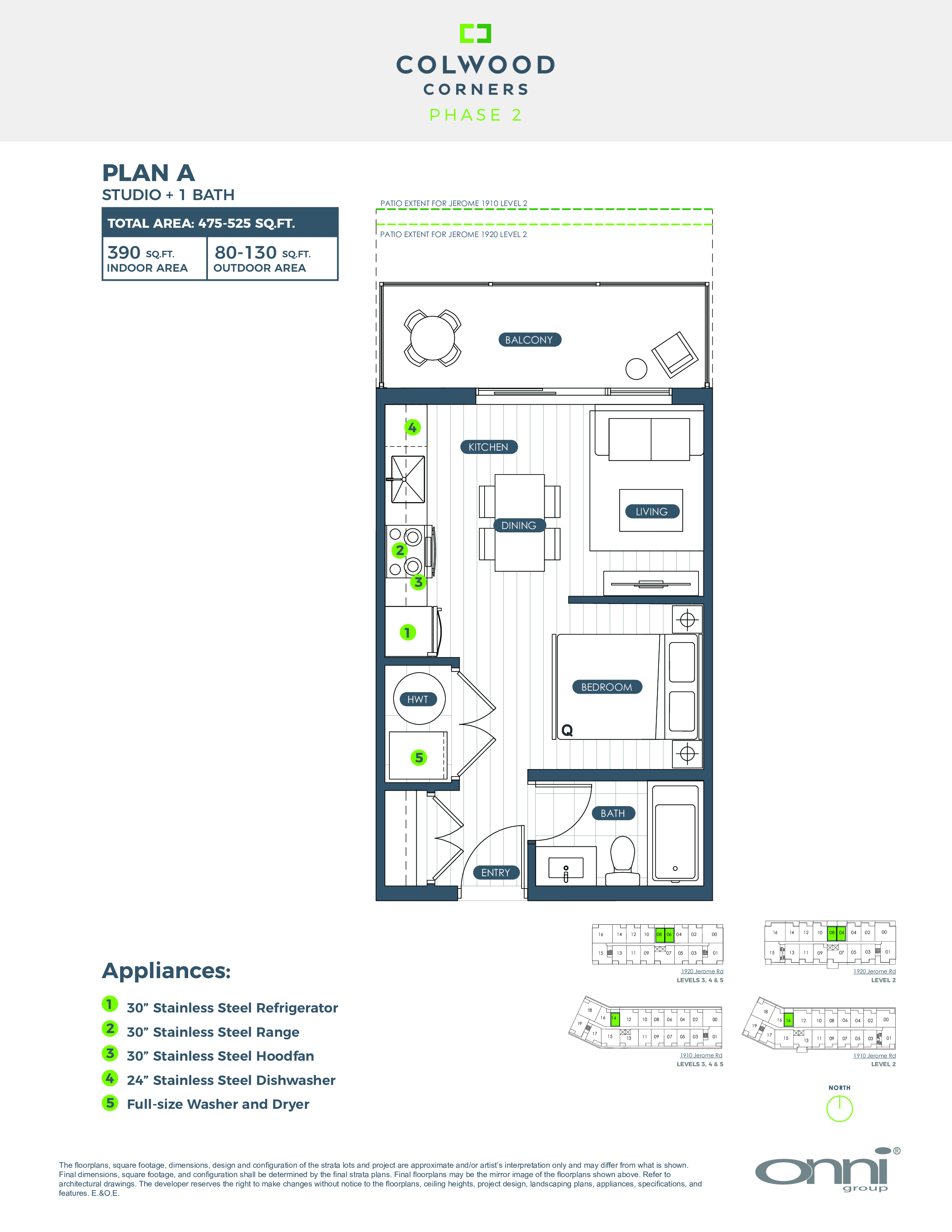 A floor plan for a studio apartment with appliances listed.