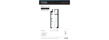 A floor plan for a studio apartment with a bath, kitchen, and living room.