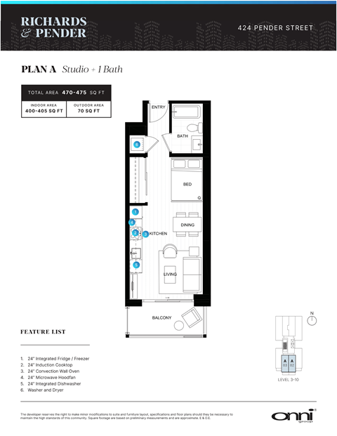 A floor plan for a studio apartment with a bath, kitchen, and living room.