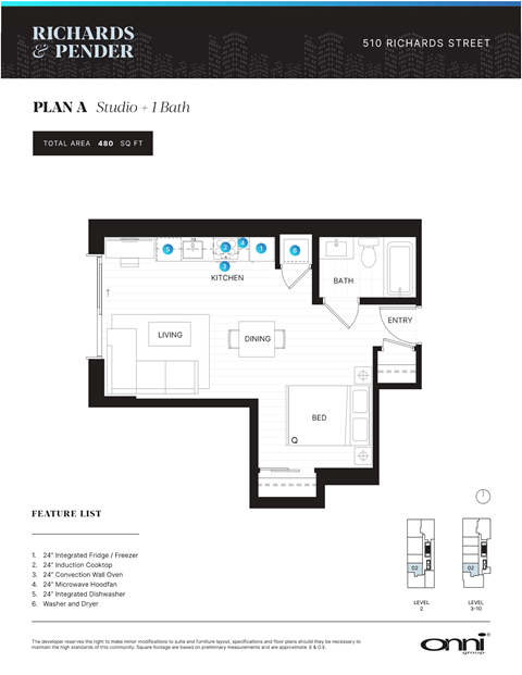 A floor plan for a studio apartment with a kitchen, bathroom, and living room.