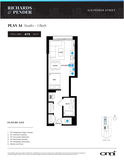 A floor plan for a studio apartment with a bath.