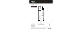 A floor plan for a studio apartment with a bath and a feature list.