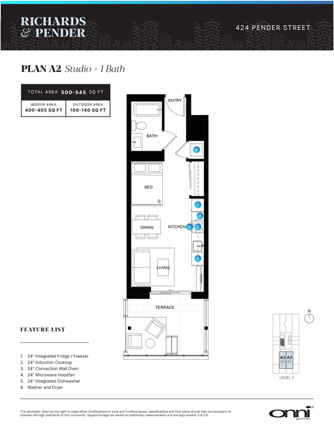 A floor plan for a studio apartment with a bath and a feature list.