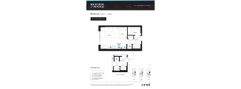 A floor plan for a studio apartment with a bath and a list of features.