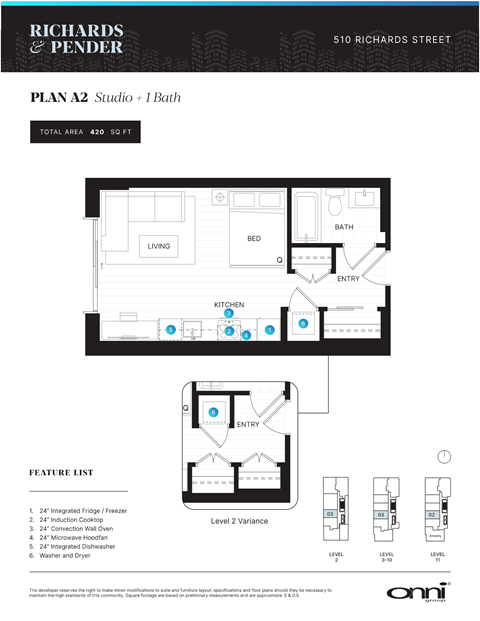 A floor plan for a studio apartment with a bath and a list of features.