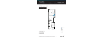A floor plan for a studio apartment with a bath, listing its features.