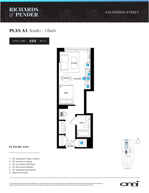 A floor plan for a studio apartment with a bath, listing its features.
