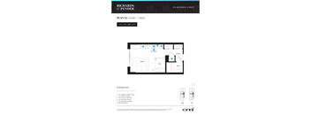 A floor plan for a studio apartment with a kitchen, living room, bed, and bath.