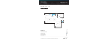 A floor plan for a studio apartment with a kitchen, bathroom, and living room.
