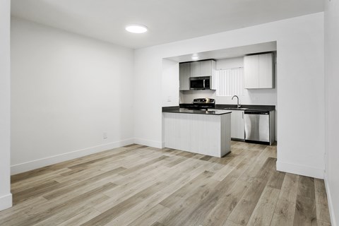 A kitchen with a white countertop and a microwave above it.