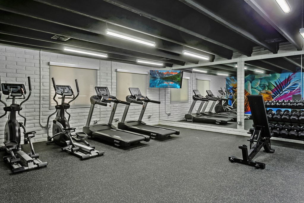 a spacious fitness center with treadmills and other exercise equipment