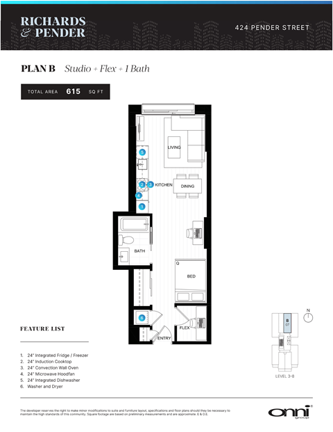 A floor plan for a studio apartment with a total area of 615 square feet, featuring a kitchen, living room, bathroom, and bedroom.