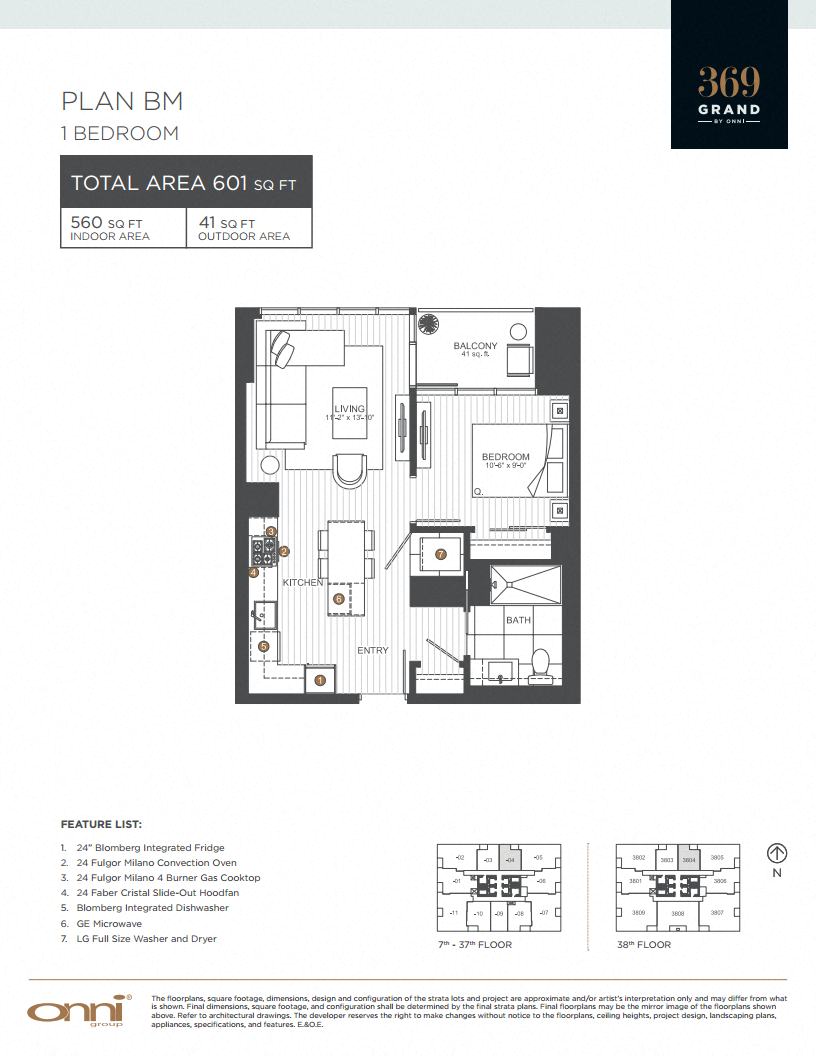 A floor plan for a 1 bedroom apartment with a detailed feature list.