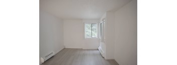 A room with a window and a radiator on the wall.
