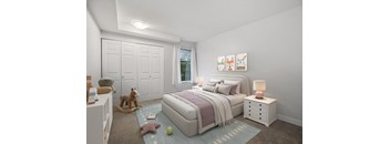 A bedroom with a bed, a rocking horse, a dresser, and a window.