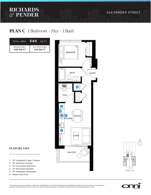 A floor plan for a one bedroom apartment with one bath at Richards and Pender.