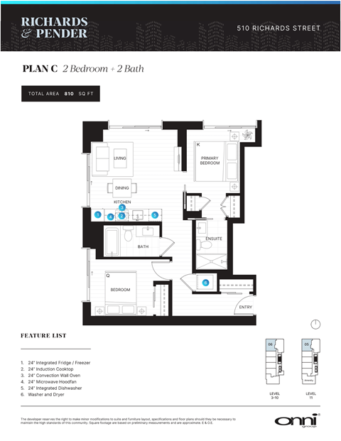 A floor plan for a 2 bedroom, 2 bath apartment at Richards & Pender.