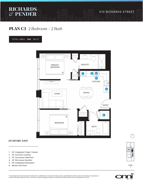A floor plan for a 2 bedroom, 2 bath apartment with a total area of 748 sq ft.