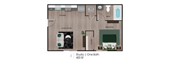 A floor plan of a studio apartment with one bath.