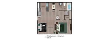 A floor plan of a one bedroom apartment with one bath.