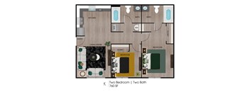 A floor plan of a 760 square foot home with two bedrooms and two baths.
