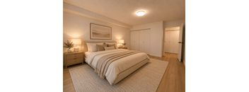 A bedroom with a large bed, two lamps, and a painting on the wall.