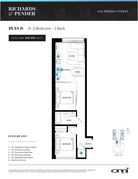 A floor plan for a 2 bedroom, 1 bath apartment at Richards & Pender.