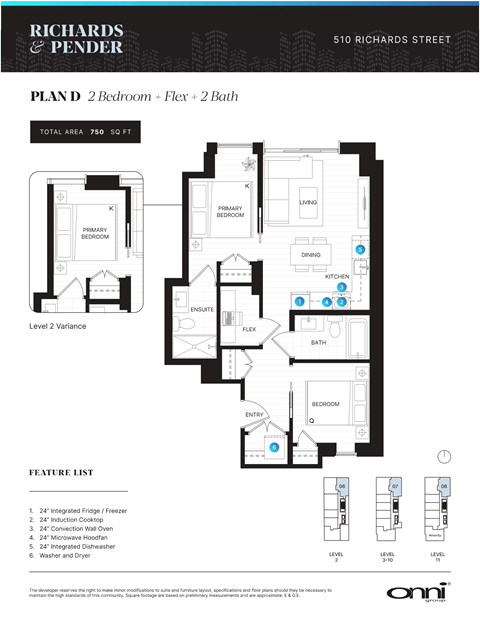 A floor plan for a 2 bedroom, 2 bathroom apartment at Richards & Pender.