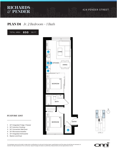 A floor plan for a 650 square foot apartment with two bedrooms and one bath.