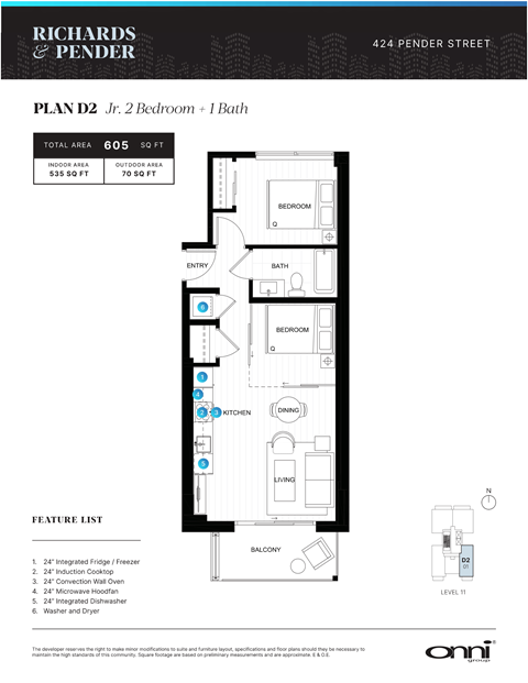A floor plan for a 605 square foot apartment with two bedrooms and one bath.