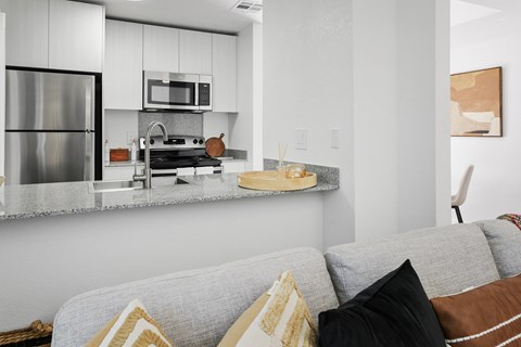 A modern kitchen with a grey couch and a stainless steel refrigerator.