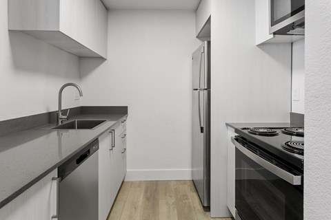 A modern kitchen with a stainless steel dishwasher and a black stove top oven.