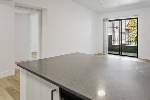 A large, empty room with a black countertop and white walls.