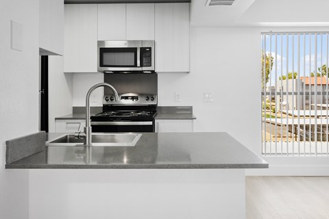 A modern kitchen with a stainless steel sink and countertop.