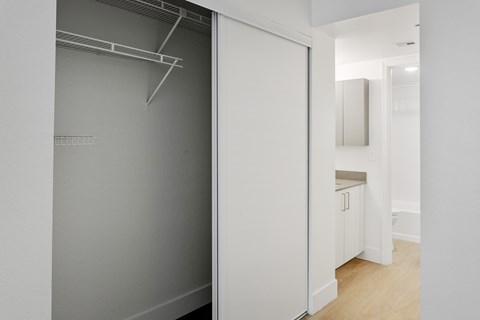 A white closet with a white door is open.