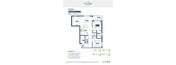 A floor plan for a 2 bedroom, 2 bathroom apartment with a total area of 835 square meters.