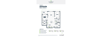 A floor plan for a 2 bedroom, 2 bathroom apartment with a total area of 916 sq ft.