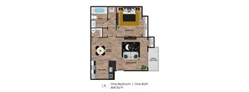 A floor plan of a one bedroom apartment with one bath.