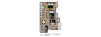 A floor plan of a 2A apartment with two bedrooms and one half bath.