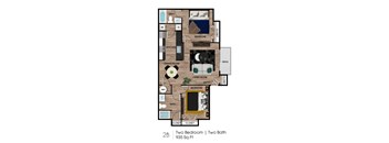 A floor plan of a 2 bedroom, two bath house.