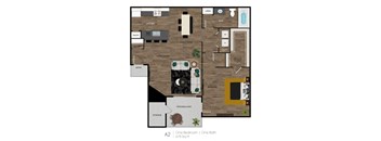 A 678 square foot apartment with one bedroom and one bath.