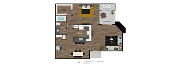 A4 floor plan of a one bedroom apartment with one bath.