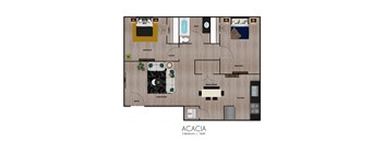 A floor plan of a two bedroom apartment with one bathroom.