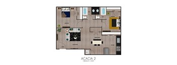 A floor plan of a two bedroom apartment with two bathrooms.