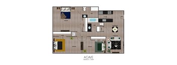 A floor plan of a 3 bedroom apartment with 2 bathrooms.